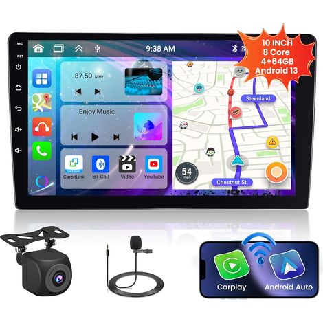 8 Core 4+64GB】 10,1 Zoll Android 13 Dual Din Autoradio Wireless Carplay Android Auto Touchscreen Autoradio GPS WiFi Bluetooth 32EQ DSP SWC Mikrofon Rückfahrkamera (1/5)