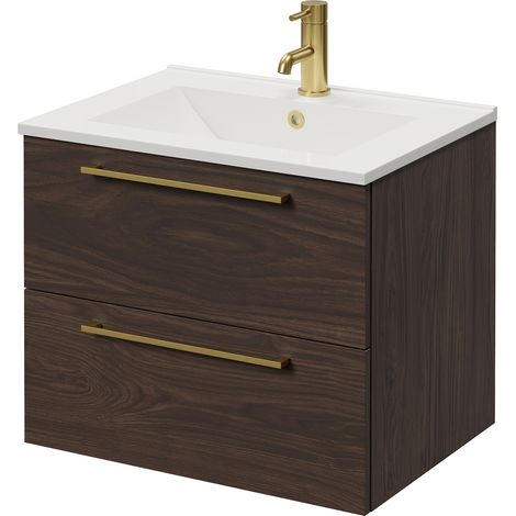 Napoli 460 Brown Oak 600mm Wall Mounted 2 Drawer Vanity Unit with Angel Basin - 600mm - Brushed Brass 320mm Handle