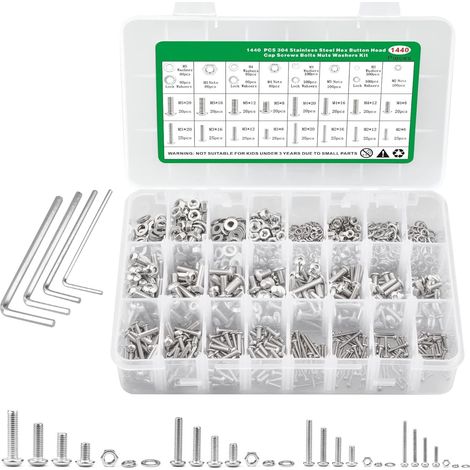 INHHUB 1440-teiliges Schrauben- und Muttern-Set, Sechskant-Rundkopfschrauben aus Edelstahl 304, M2, M3, M4, M5, Innensechskantschrauben und Sechskantmuttern, Set mit 4 Schraubenschlüsseln für Elektron
