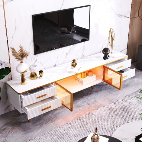 TV-Lowboard 170x37x47.5 cm weiß aus Spanplatte mit LED, 4 Schubladen und 2 Glastüren (1/5)