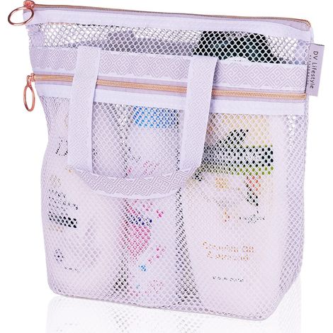 Sac de douche en maille de 25x25 cm à séchage rapide avec fermeture éclair et 2 poches. Sac de douche portable, pour la crème solaire, ou dans le cadre des essentiels de l'université (orchidée) (1/5)
