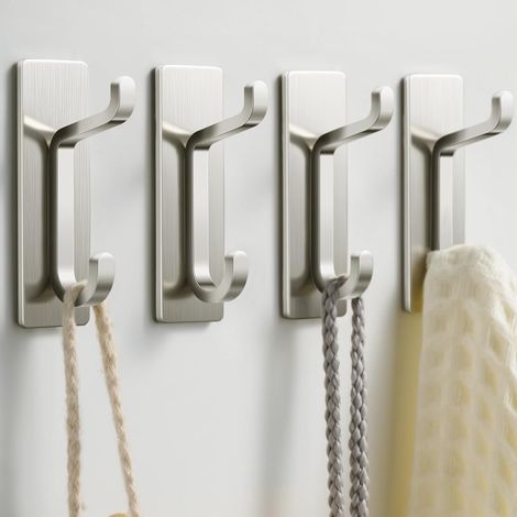 Adhesive Wall Hook, Bathroom Towel Rack, Kitchen Dishcloth Hook, Adhesive Coat Rack, No-Drill Wall Mount, Waterproof, Rustproof, Silver, 4 Pieces (1/5)