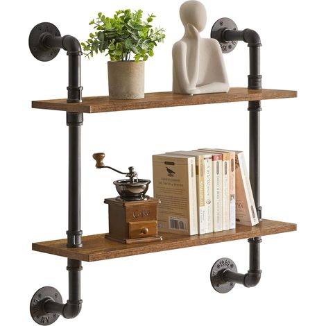 1 Étagère murale, 2 niveaux, tuyau en fer, bois vintage, support de stockage, pour cuisine salon bureau salle de bains (1/5)