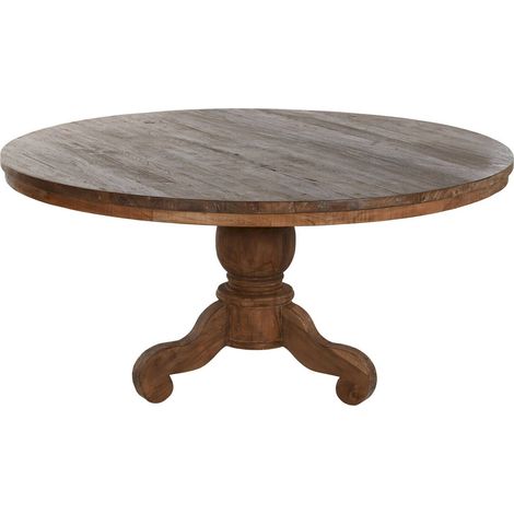 Table de salle à manger teck recyclé pied central sculpté - teck naturel patiné foncé (1/5)