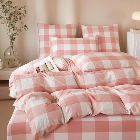 Housse de Couette 240x260 Coton Lavé,Carreaux,Rose Blanc Parure de lit 2 Personnes Adulte Ado Sets de Housse Couette en 100% Coton avec Fermeture Éclair et 2 Taies d'oreiller 65x65 (1/5)