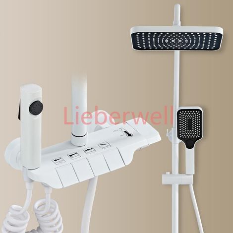Système de douche de salle de bain en laiton finition or brossé, design touches de piano, ensemble complet avec mitigeur chaud/froid et pommeau de douche pluie (1/4)