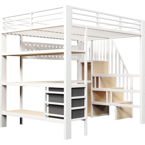 Letto a soppalco 140 x 200 cm in metallo e MDF bianco con scrivania, vani, LED e presa (1/5)
