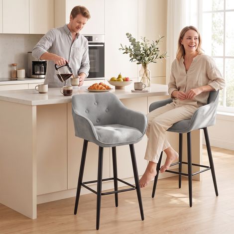Lot de 2 Tabourets de Bar Rembourrés Chenille, Assise Large 67H, Dossier, Repose-Pieds, Gris (1/5)