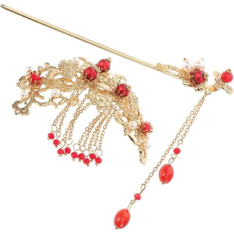 Barrette Cheveux Chinoise Rétro Rouge en Alliage, 2 Pièces, Épingle à Cheveux à Pompon Élégante et Confortable pour Accessoire Chignon Mariage ou Soirée (1/5)
