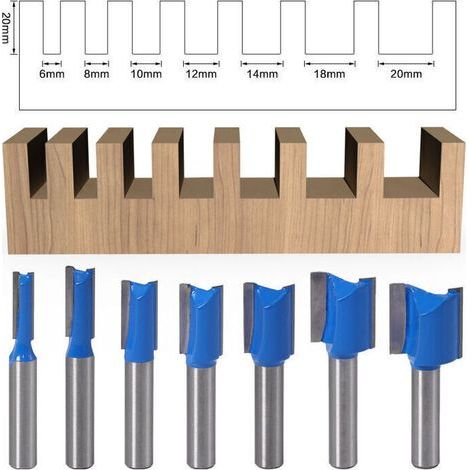 Lot de 7 mèches de nettoyage de 8 mm, fraise à bois 6/8/10/12/14/18/20 mm Ensemble de mèches de toupie de modèle de modèle de garniture affleurante de diamètre, bleu (1/5)