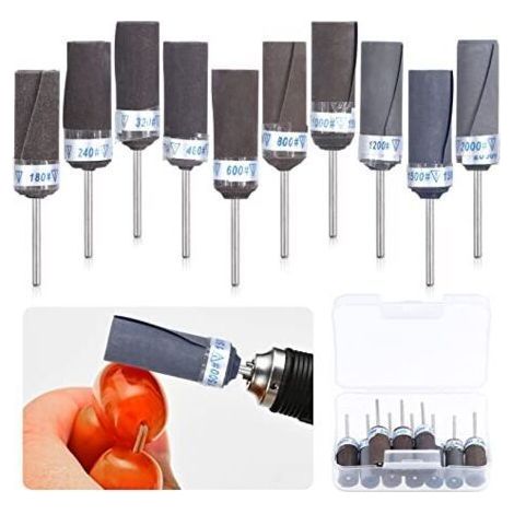 Lot de 10 tambours ponçage, manchons points meulage abrasifs, embouts polissage cylindriques pour outil rotatif 180/240/320/400/600/800/1000/1200/1500/2000 - (1/5)