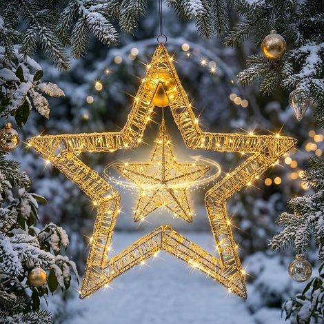 Leuchtstern silber und gold drehend mit 240 LEDs für Außen - 50 cm - Metall Weihnachtsstern warmweiß beleuchtet zum Aufhängen mit Netzteil