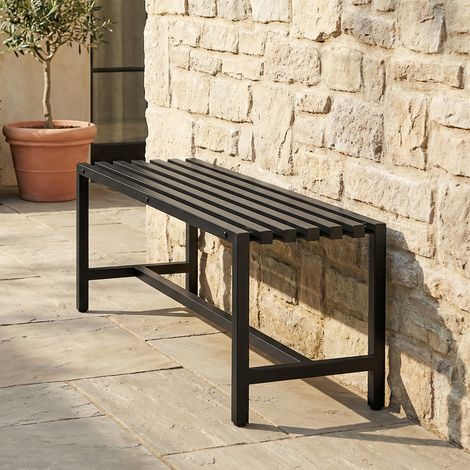 Zweisitzer-Gartenbank aus verzinktem Stahl, Lattenrostsitz, ohne Rückenlehne, Tragkraft 240 kg, 117 x 36 x 44 cm, Schwarz