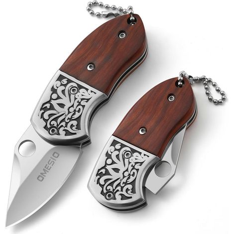 Mini Taschenmesser mit Schlüsselanhänger, Holzgriff, Zweihand-Klappmesser, B-Rot