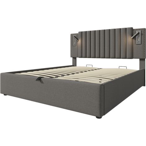 Cama doble 160x200 con canapé, luz de lectura y puertos USB-C, tela gris, sin colchón (1/5)