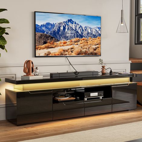 TV-Lowboard 180 cm in Hochglanz mit LED und integrierten Steckdosen, 2 Schubladen, 2 Türen, für TV bis 75 Zoll, Schwarz (1/5)