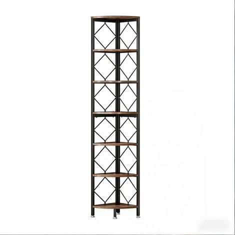 Estantería esquinera estrecha de 7 niveles para espacios pequeños, metal y madera, negro y marrón (1/5)