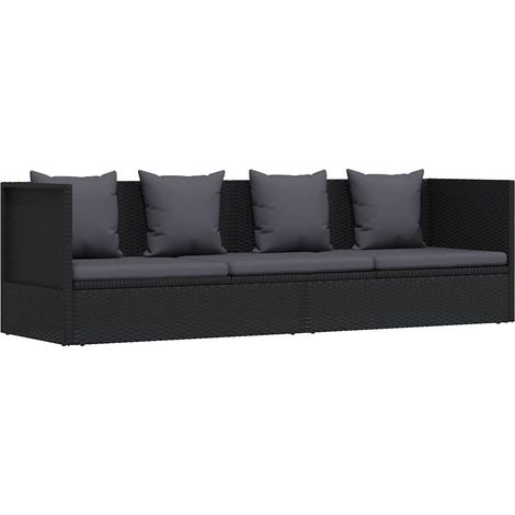 vidaXL Garden Bed with Cushion and Pillow Poly Rattan Black