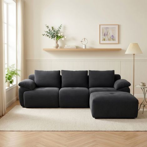Canapé d'Angle Modulable Velours Côtelé 3-4 Places, Canapé d'Angle Réversible, Style Scandinave, Mousse Haute Densité OEKO-TEX, Sans Montage, Anti-Griffes(264x89x71cm) - Gris (1/5)