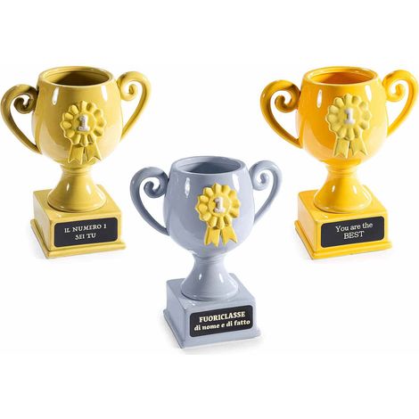 Vasi in ceramica a forma di coppa Number One con scritte simpatiche, perfetta come idea regalo originale, set da 3 pezzi, cm 15 x 10 x 17 H
