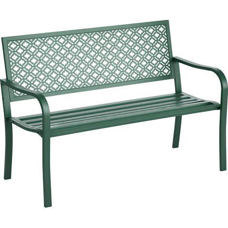 Gartenbank, wetterfeste Stahl-Gartenbank mit floral gemusterter Rückenlehne für 2 Personen, 127 x 63 x 83 cm, dunkelgrün