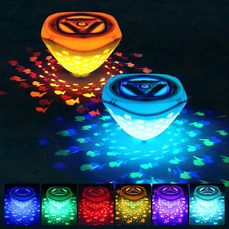 Ensemble de 2 lampes de piscine flottantes à LED à couleurs changeantes, conception étanche, avec projection en forme de poisson, adaptées aux piscines, aux étangs et aux fêtes [Classe d'efficacité én (1/5)