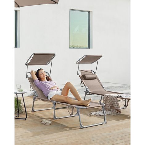 Transat, Lot de 2, Chaise Longue Pliable, Bain de soleil, 193 x 53 x 29 cm, Capacité de Charge 150 kg, avec Appuie-tête, Pare-soleil et Dossier Réglable, Taupe (1/5)