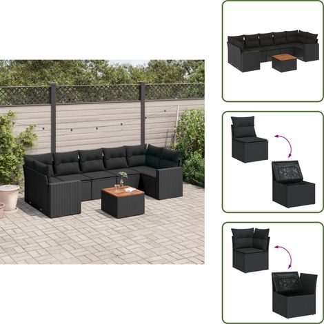 The Living Store 8-tlg. Garten-Sofagarnitur mit Kissen Schwarz Poly Rattan - Gartenmöbel Set - Lounge Möbel - Outdoor Möbel - Rattan Gartenmöbel - Esstisch Set (1/5)