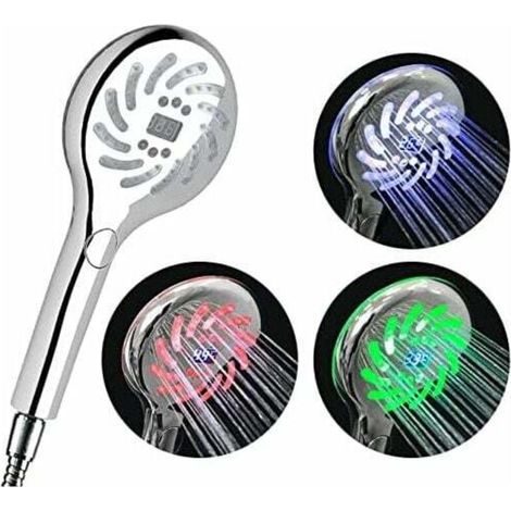 pommeau de douche LED Couleurs Changeantes Tête de Douche avec LCD Affichag de Température Digital Douchettes de salle de bain Chromé Douche à Main Grand 3 Modes Douche (G1/2 pouces, 12,6 cm)