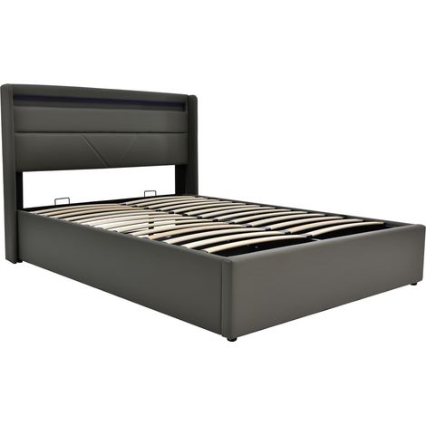Cama canapé hidráulica 140x200 cm con banda LED, estructura tapizada en PU gris (1/5)