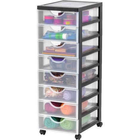 Tour de rangement à Roulettes en Plastique, 8 Petits Tiroirs, Noir, Ouverture Facile, Meuble de Rangement, Papeterie, pour Chambre, Salle de Bain, École (1/5)