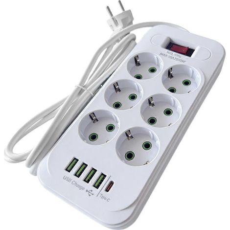Cette multiprise 11 en 1 comprend un interrupteur principal de 2 500 W, un câble de 2 mètres, 6 prises secteur, 4 ports USB et 1 port USB-C. Elle est idéale pour les bureaux à domicile, les résidences (1/5)
