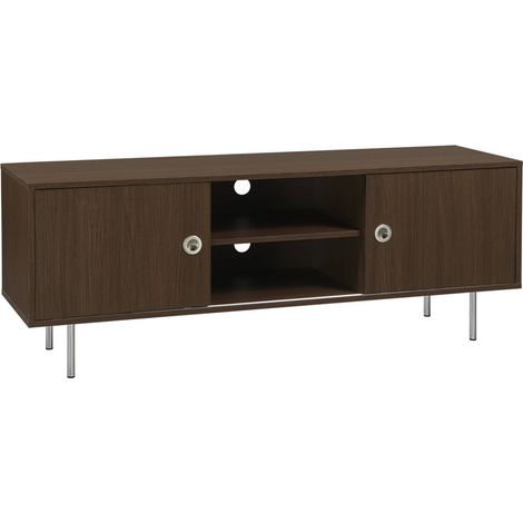 Vintage TV stand with wood decor and stainless steel, 2 doors 140cm walnut - Shelby