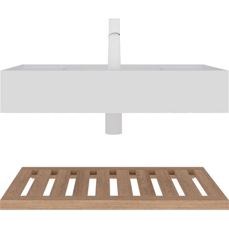 Meuble sous lavabo de salle de bains 75 cm, vasque murale rectangulaire en acrylique blanc, étagère à lattes, robinet non inclus, coloris veinure bois naturel