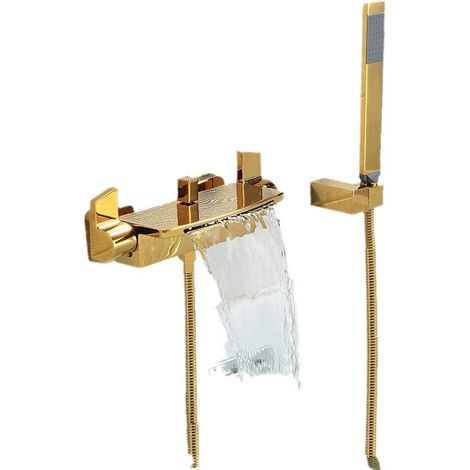 Robinet de Baignoire Cascade, Mitigeur Baignoire avec Douchette, Mitigeur Bain Douche Mural, Laiton (1/4)