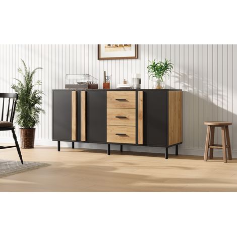 Aparador Sideboard 140x35x70 cm, 3 puertas y 3 cajones, 6 patas metálicas, MDF, negro y madera (1/5)