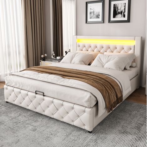 Letto con contenitore in PU bianco 160x200 cm con rete a doghe e testiera LED (1/5)