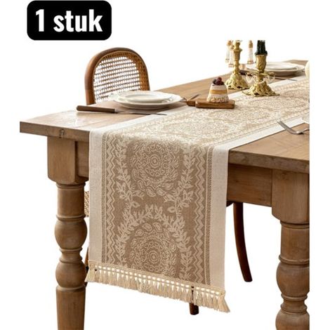 pièce - Chemin de table - Chemin de table - Protecteur de meuble TV imperméable - Long nappe en Look Katoen - 350x35cm - Longue décoration de table - Look Katoen Linnen - Motif couronne - Marron (1/5)