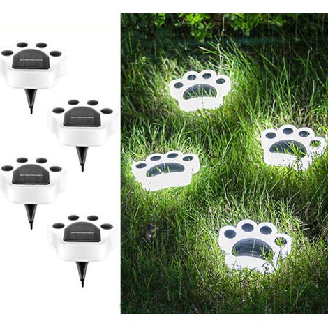 Lot de 4 lampes solaires LED étanches en forme d'empreintes de pattes de chien blanches pour jardin et allée. Idéales pour décorer pelouse et aménagement paysager. (1/5)