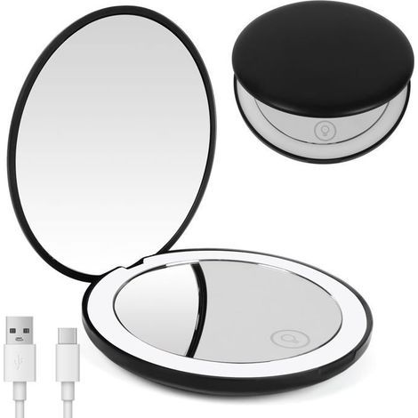 BelleRise - LED-beleuchteter Reise-Schminkspiegel - 1x/10x Vergrößerung, doppelseitiger LED-beleuchteter Taschenspiegel, kleiner Spiegel (Schwarz) (1/5)