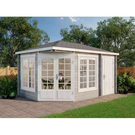 Alpholz 5-Eck Gartenhaus Modell Josephine-40 mit Anbau Gartenhaus aus Holz, Holzhaus mit 40 mm Wandstärke, Blockbohlenhaus mit Montagematerial (1/4)
