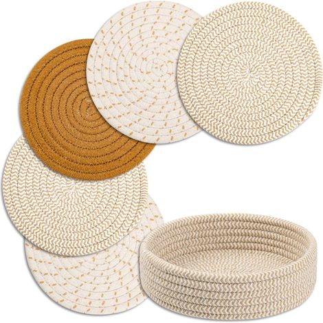 Juego de 5 salvamanteles de algodón marrón resistentes al calor para platos calientes, ollas y sartenes, que protegen la mesa y la encimera, con 1 cesta de almacenamiento de cocina. (1/5)