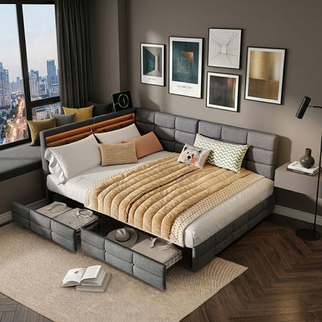 Cama 140x190, Cama 140x190 con cajones, Cama para adultos, Cama matrimoniales, Cama tapizada, Cama de invitados, con somier de láminas, iluminación LED y puertos USB, Tela de lino, Gris (1/5)