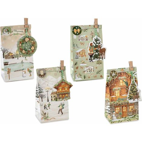 Sacchetti regalo di Natale in carta con molletta, tag sagomato, sticker di chiusura e cordino, set da 40 pezzi, cm 12 x 8 x 22,5 H
