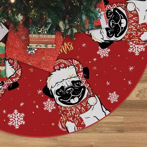 Falda roja para árbol de Navidad, falda para árbol de Navidad con estampado de carlino, falda de invierno de 120 cm para decoración navideña de interior y exterior. (1/5)