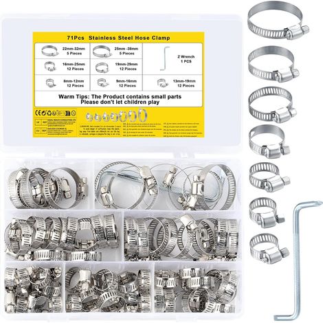 Collier de Serrage Réglables, Tuyau Clips, Colliers de Serrage en Acier Inoxydable, Pinces de Tuyau pour Tube A'automobiles, Piscine, 71 Pièces/8-38 mm (1/5)