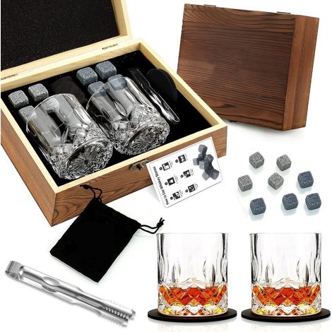 Set regalo di 2 bicchieri da whisky, pietre da whisky per uomo, scatola di legno, regalo di compleanno per papà, nonno, marito, fidanzato, San Valentino, festa del papà