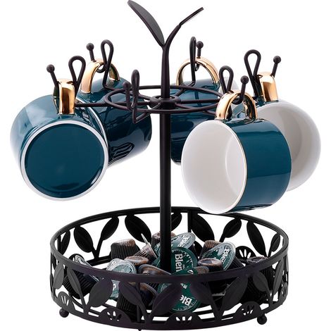 Soporte para tazas de café con cesta giratoria de almacenamiento de 6 capacidades, soporte para tazas tipo árbol, encimera de café, accesorio de bar y organizador. (1/5)
