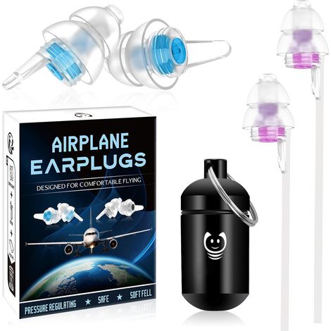 Bouchons d'Oreille Avion avec Cordon 2 Paires, Silicone Bouchons Oreille, Réduction du Bruit 25dB, Bleu + Violet, Pour le Voyage en Avion (1/5)