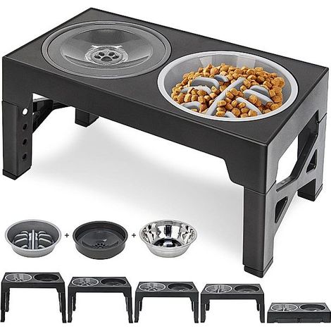 Gamelle surélevée 3 en 1 avec support, bol inox et eau lente anti-débordement, noire (1/5)